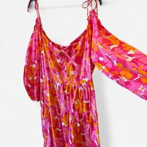 Charlie Paige pink floral maxi dress tie straps milk maid top & tiered skirt SzM